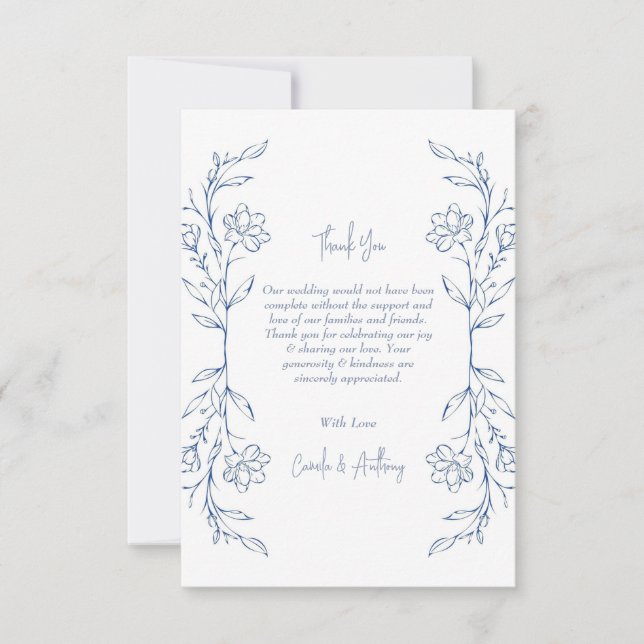 Blue Floral Boho Side Border Wedding Thank You Card (Front)