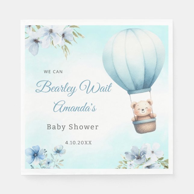 Blue Floral Boho Teddy Bear boy baby shower  Napkins (Front)