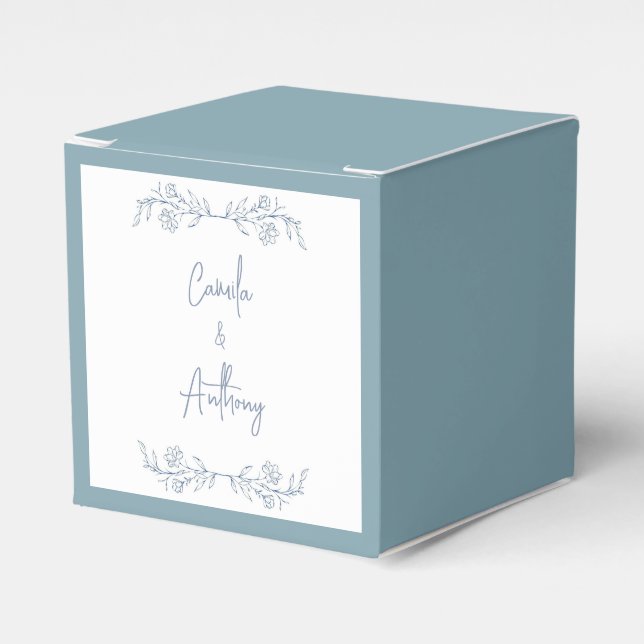 Blue Floral Boho Top Border Wedding Favor Boxes (Front Side)