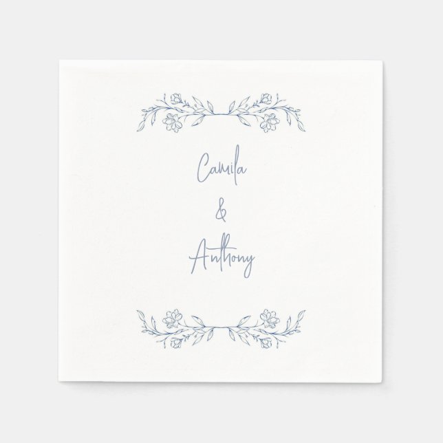 Blue Floral Boho Top Border Wedding Napkins (Front)