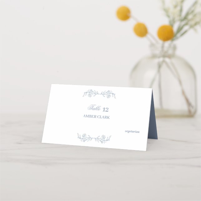 Blue Floral Boho Top Border Wedding Place Card (Front)