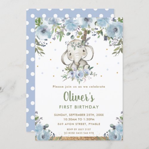 Blue Floral Boho Tribal Elephant Boy 1st Birthday Invitation