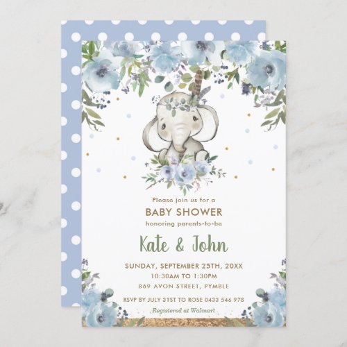 Blue Floral Boho Tribal Elephant Boy Baby Shower Invitation