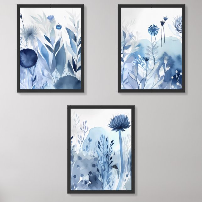 Blue Floral Boho Wall Art Sets (Front)
