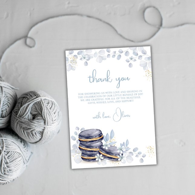 Blue Floral Bonjour Bébé Macaron Baby Shower Thank You Card (Blue Floral Bonjour Bébé Macaron Baby Shower Thank You Card)