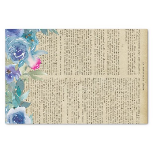 Blue Floral Book Page Decoupage Tissue Paper