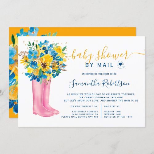 Blue floral boots watercolor baby shower by mail invitation