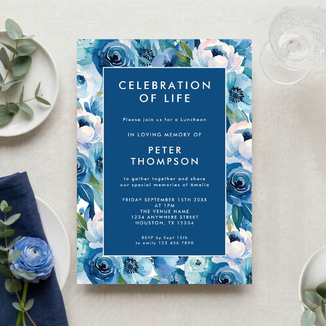 Blue Floral Border Celebration Of Life Invitation (Creator Uploaded)