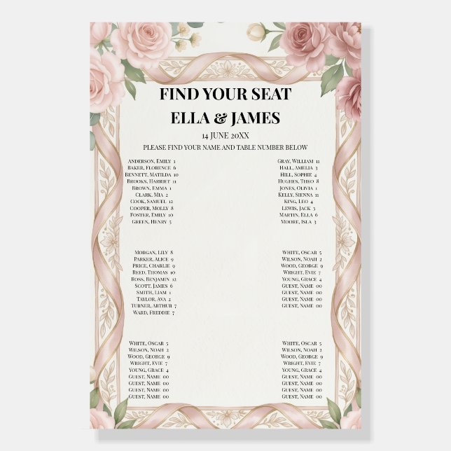 Blue Floral Border Seating Chart Sign (Front)