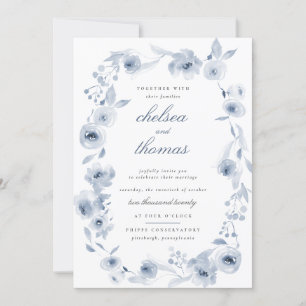 Blue Floral Border Wedding Invitation