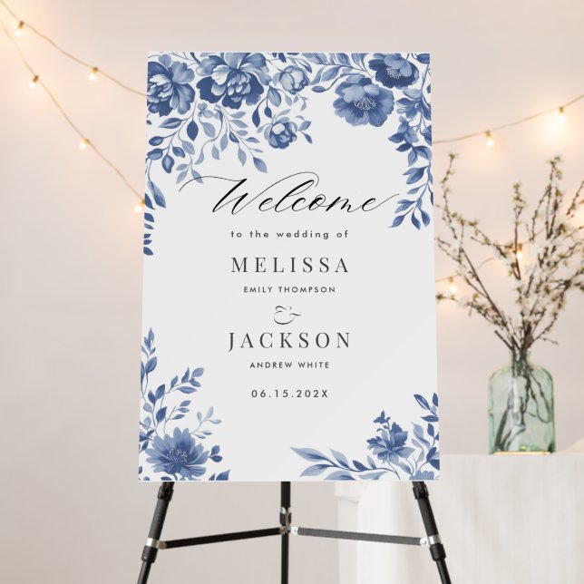 Blue Floral Border Wedding Invitation Foam Board (In Situ (Stand))