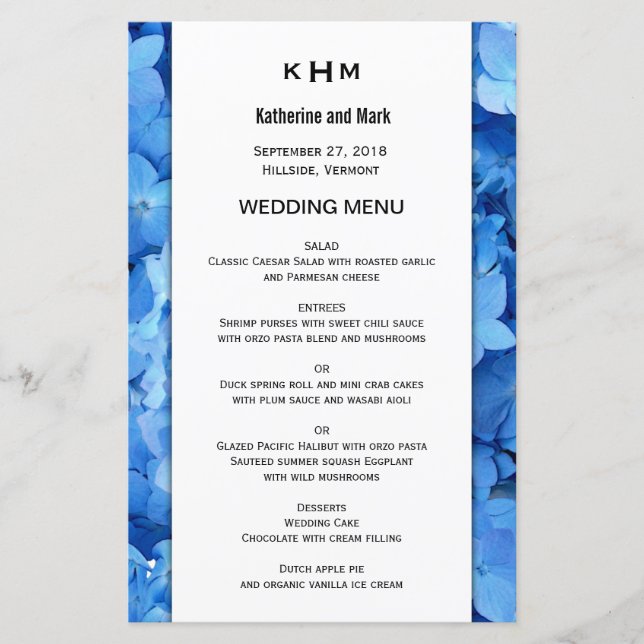 Blue Floral Border Wedding Menu Template (Front)