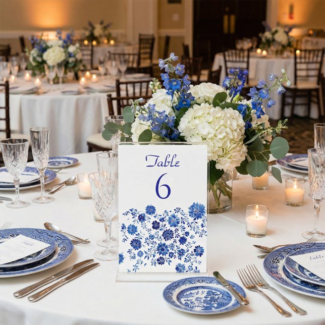 Blue Floral Border Wedding Table Number Card (Blue Floral Border Wedding Table Number Card)