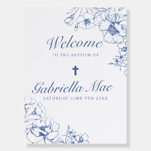 Blue Floral Botancial Baptism Welcome Sign