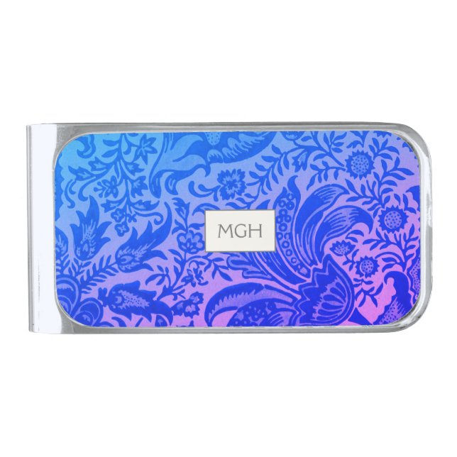 Blue Floral Botanical Monogram Silver Finish Money Clip (Front)