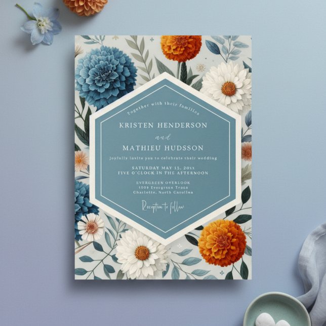 Blue Floral Botanical Romance Wedding Invitation (Creator Uploaded)