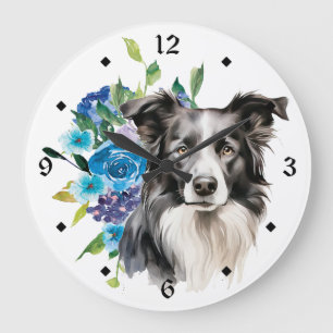 Blue Floral Bouquet Border Collie Dog Large Clock