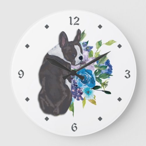 Blue Floral Bouquet Boston Terrier Dog Large Clock
