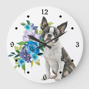 Blue Floral Bouquet Boston Terrier Dog Large Clock
