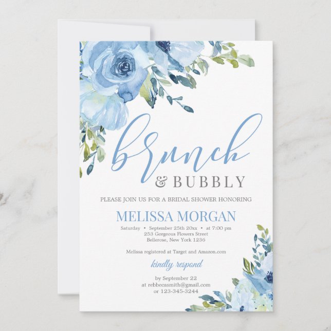 Blue floral bouquet brunch and bubbly invitation (Front)