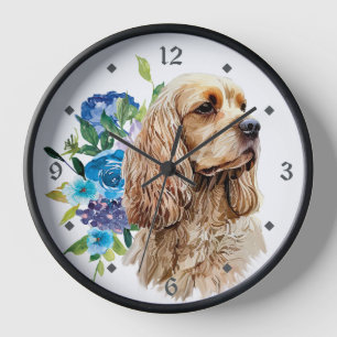 Blue Floral Bouquet Buff Cocker Spaniel Dog Clock