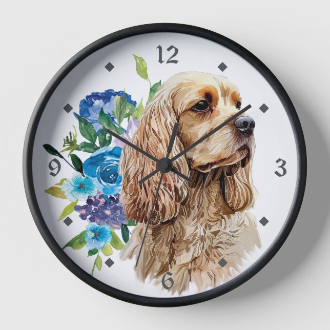 Blue Floral Bouquet Buff Cocker Spaniel Dog Clock (Front)