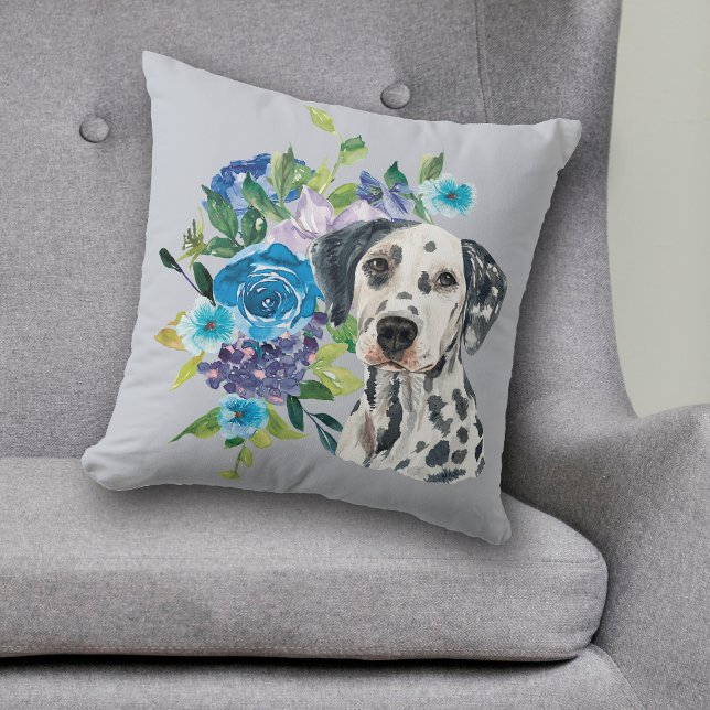Blue Floral Bouquet Dalmatian Dog Throw Pillow (Creator Uploaded)