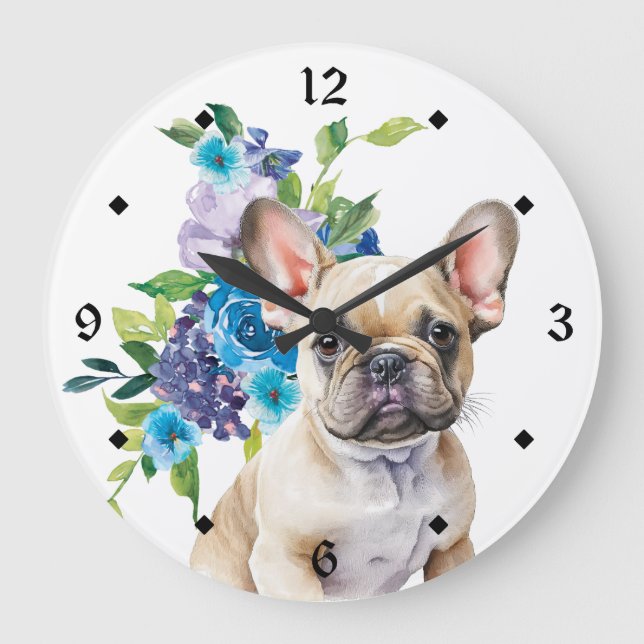 Blue Floral Bouquet French Bulldog Large Clock (Front)