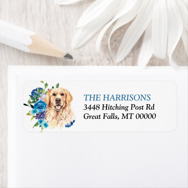 Blue Floral Bouquet Golden Retriever Dog Label (Insitu)