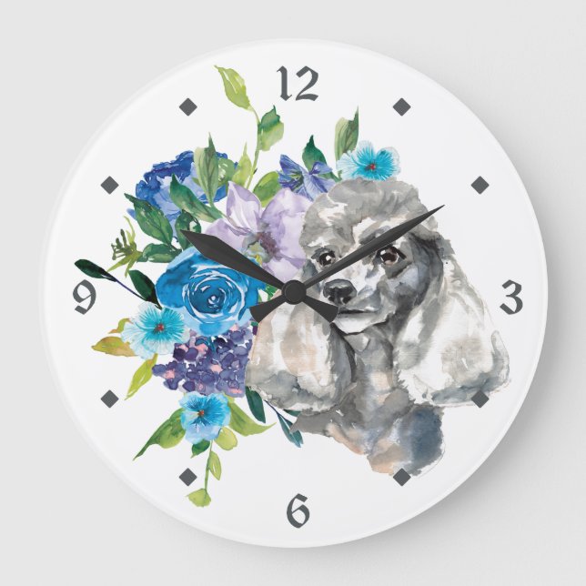 Blue Floral Bouquet Gray Poodle Dog Large Clock (Front)