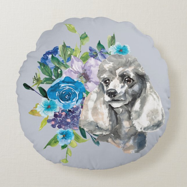 Blue Floral Bouquet Gray Poodle Round Pillow (Front)