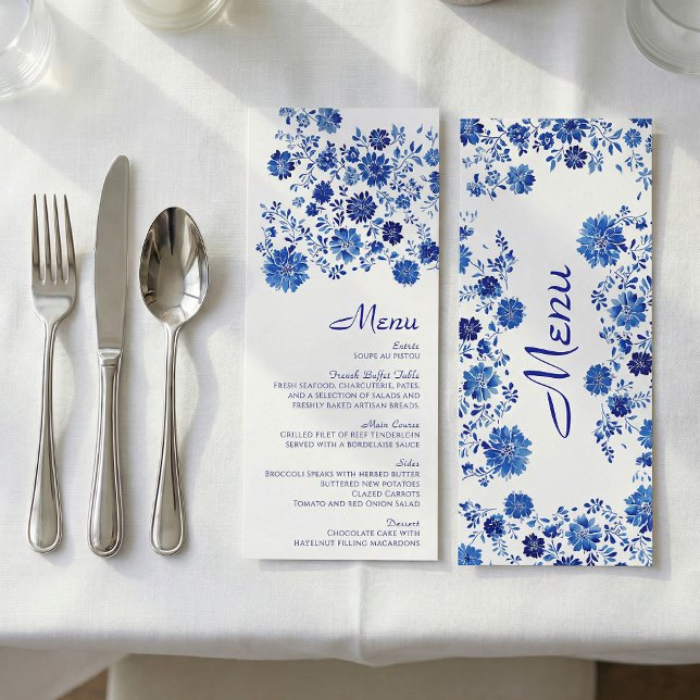 Blue Floral Bouquet Wedding Dinner Menu Card (Blue Floral Bouquet Wedding Dinner Menu Card.)