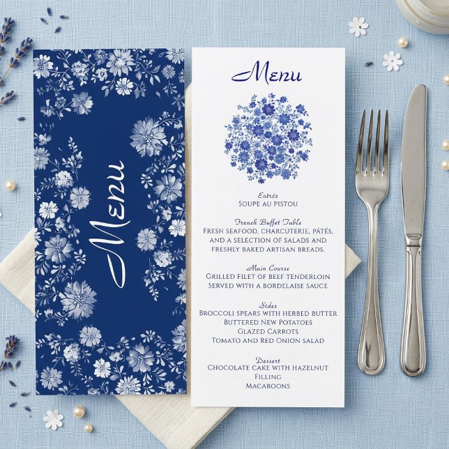 Blue Floral Bouquet Wedding Dinner Menu Card (Blue Floral Bouquet Wedding Dinner Menu Card)
