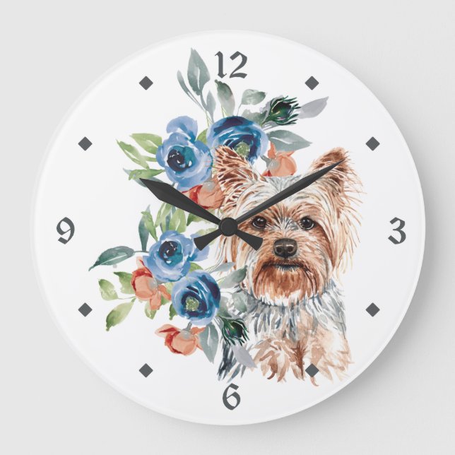 Blue Floral Bouquet Yorkshire Terrier Dog Large Clock (Front)