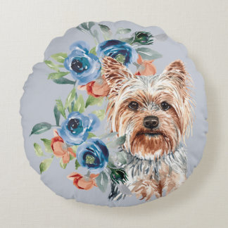 Blue Floral Bouquet Yorkshire Terrier Round Pillow