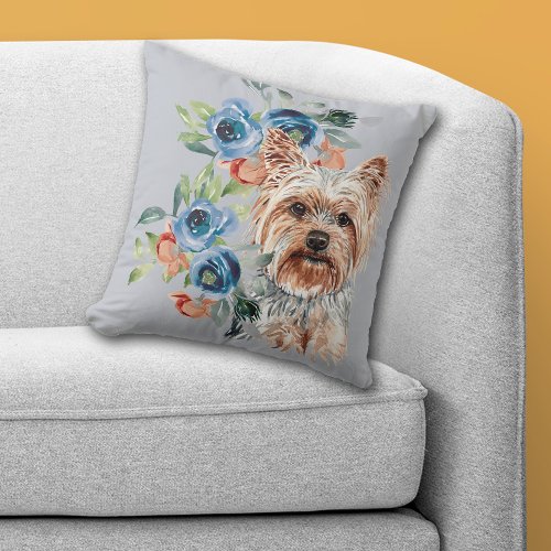 Blue Floral Bouquet Yorkshire Terrier Throw Pillow