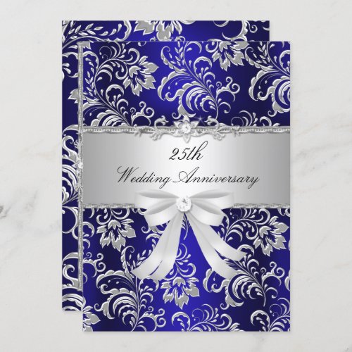 Blue Floral  Bow 25th Wedding Anniversary Invite