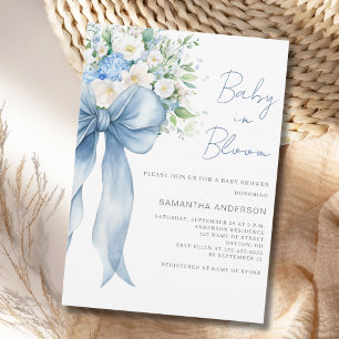 Blue Floral Bow Baby In Bloom Baby Shower Invitation