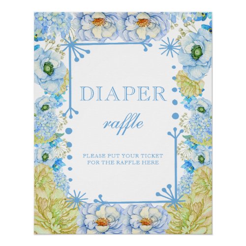 Blue Floral  Bow Baby Shower Diaper Raffle Poster
