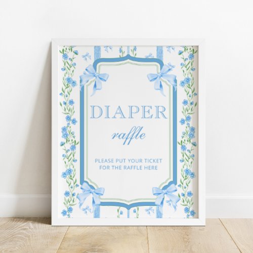 Blue Floral  Bow Baby Shower Diaper Raffle Poster