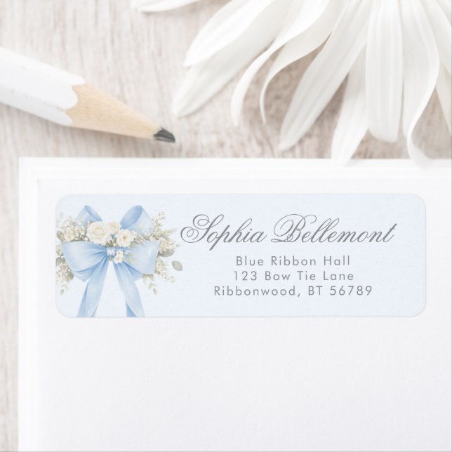 Blue  Floral Bow Baby Shower Return Address Label (Insitu)