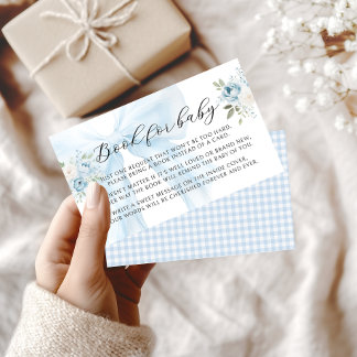 Blue Floral Bow Book for Baby Boy Shower Enclosure Card