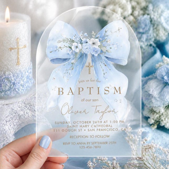 Blue Floral Bow Boy Baptism Acrylic Invitations (Creator Uploaded)