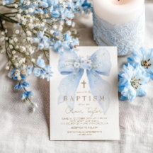 Blue Floral Bow Boy Baptism Invitation