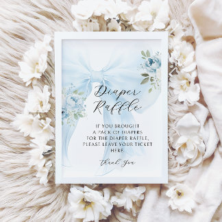 Blue Floral Bow Coquette Diaper Raffle Baby Shower Invitation
