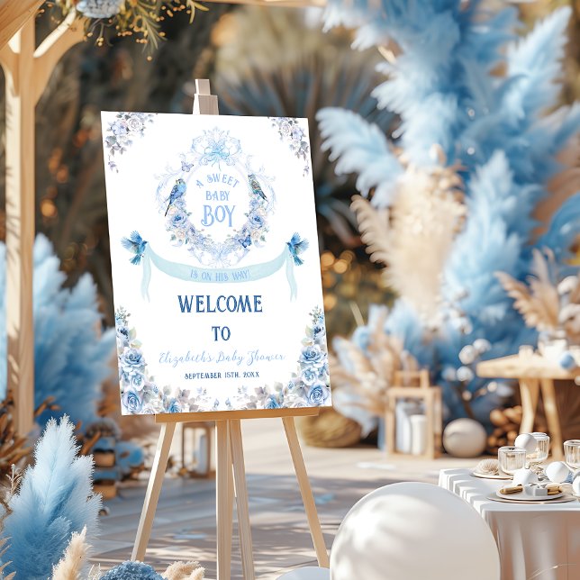 Blue Floral Bow Crest Sweet Baby Boy Baby Shower Foam Board (Creator Uploaded)