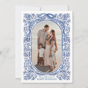 Blue Floral & Bow Holiday Photo Card
