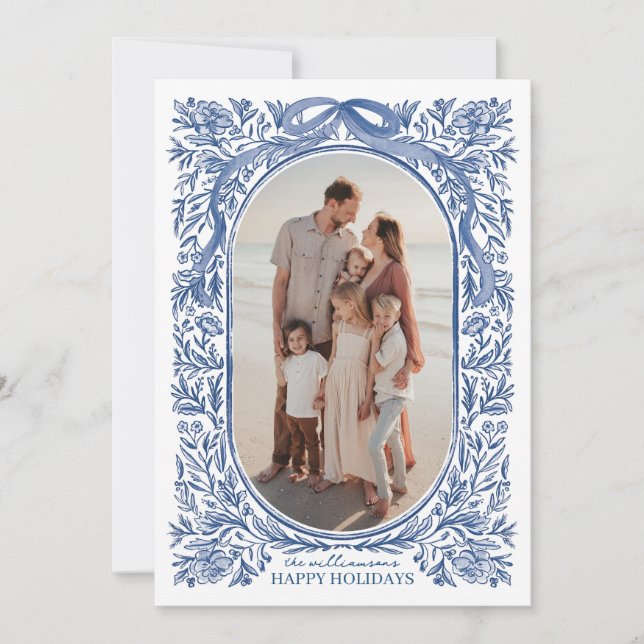 Blue Floral & Bow Holiday Photo Card (Front)