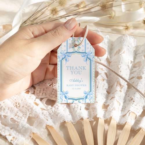 Blue Floral  Bow Vintage Baby Shower Thank You Gift Tags