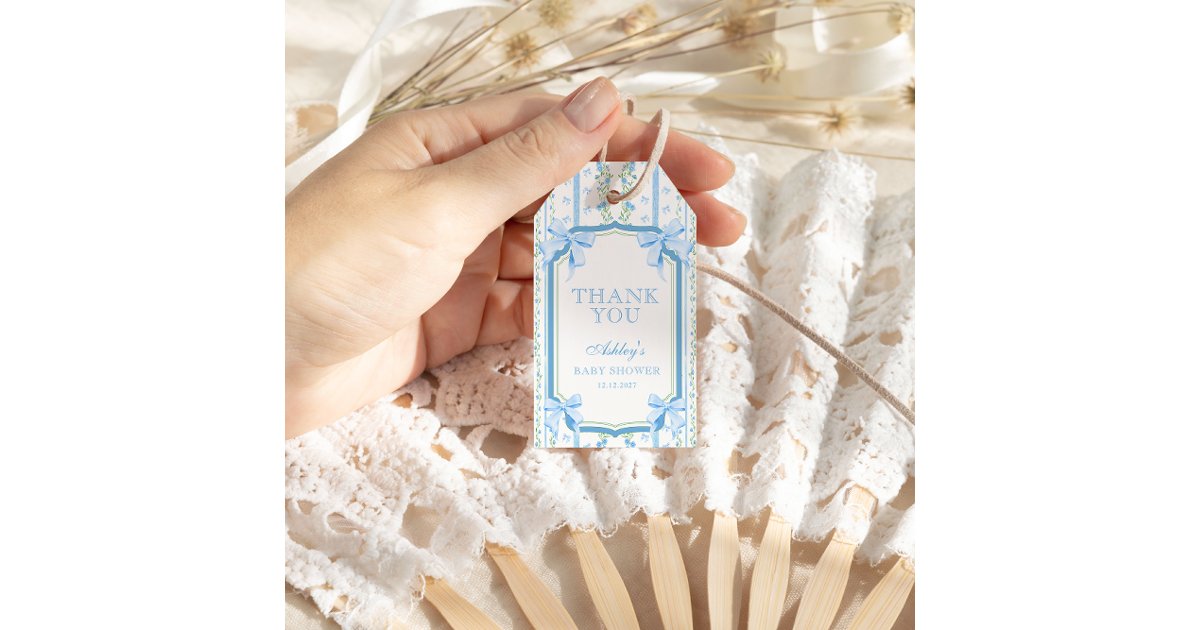 Blue Floral & Bow Vintage Baby Shower Thank You Gift Tags | Zazzle